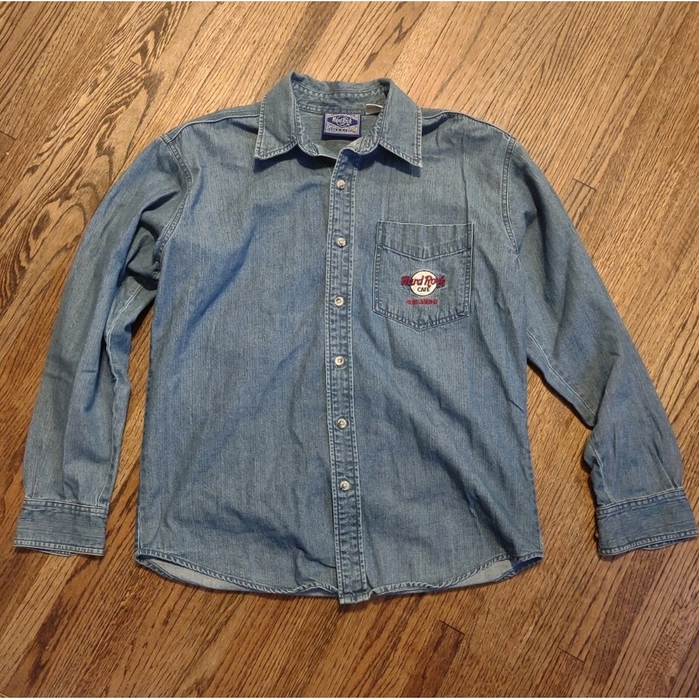 Vintage Hard Rock Cafe Orlando Denim Shirt Button Down Embroidered Guitars Small